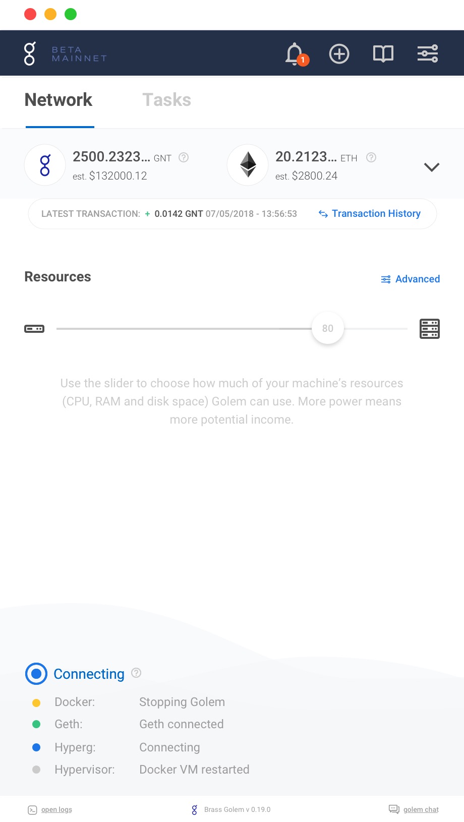 The status list, showing which services have come up and which have not