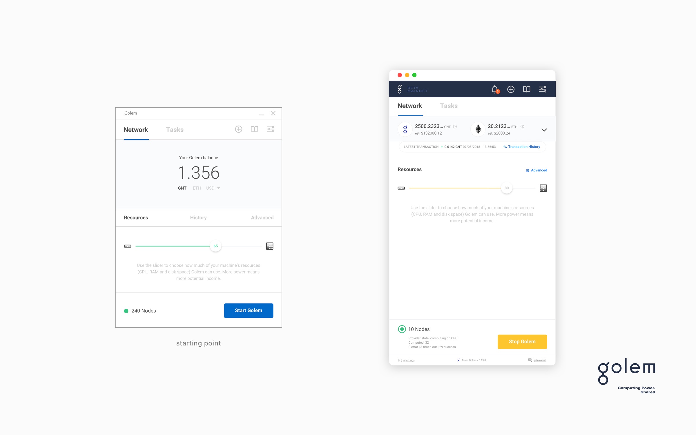 The application before and after, the original window on the left and the redesign on the right