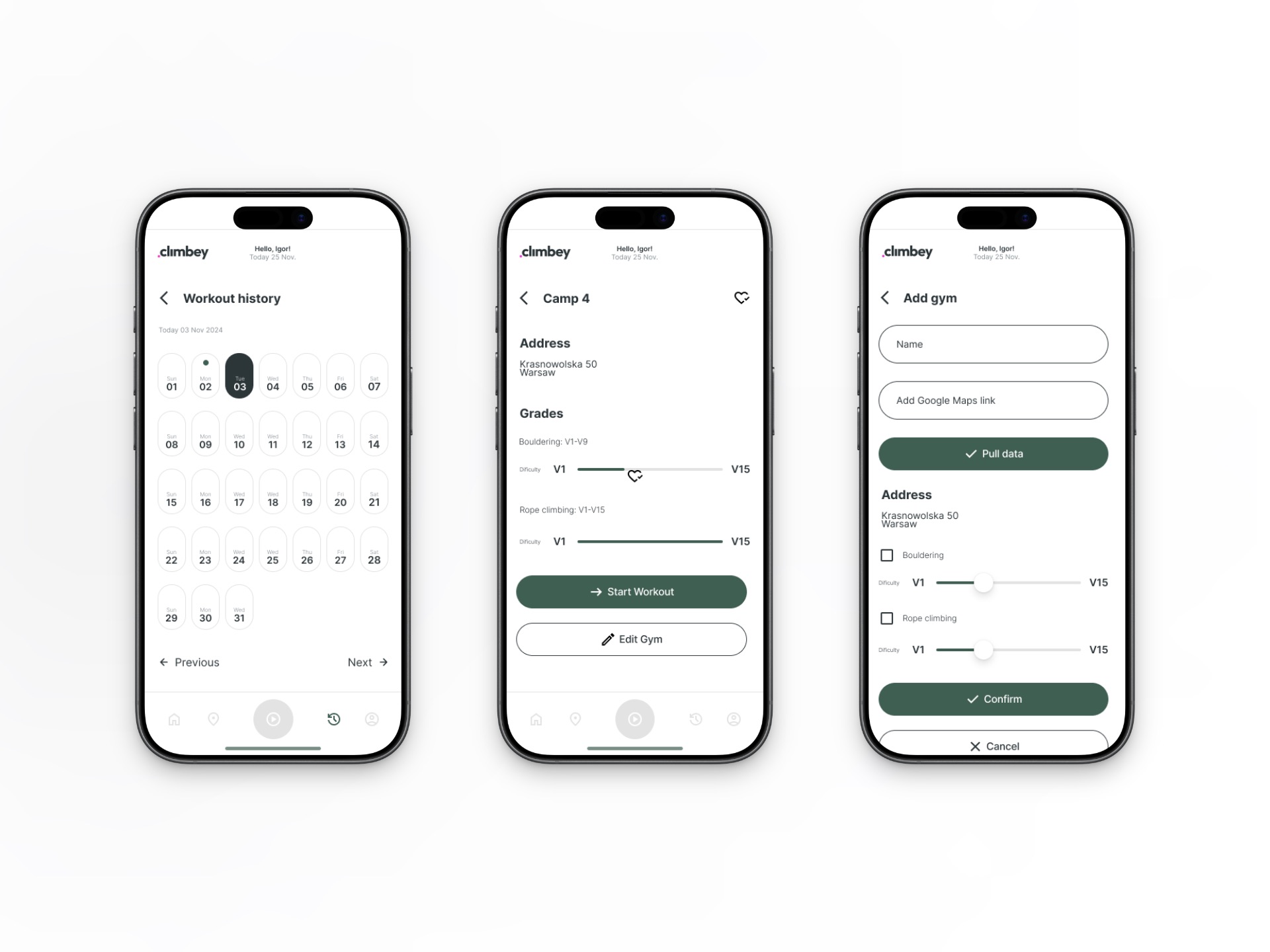 Workout history as a calendar, a gym with its grade ranges, and the add gym form
