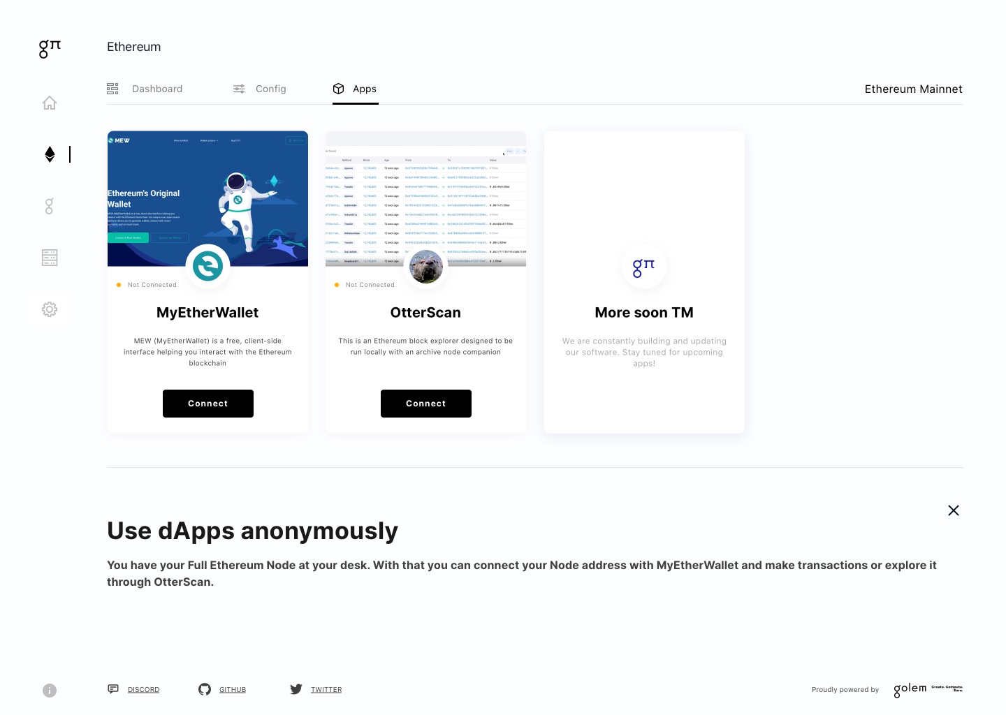 The Apps tab: MyEtherWallet and OtterScan connecting straight to your own node