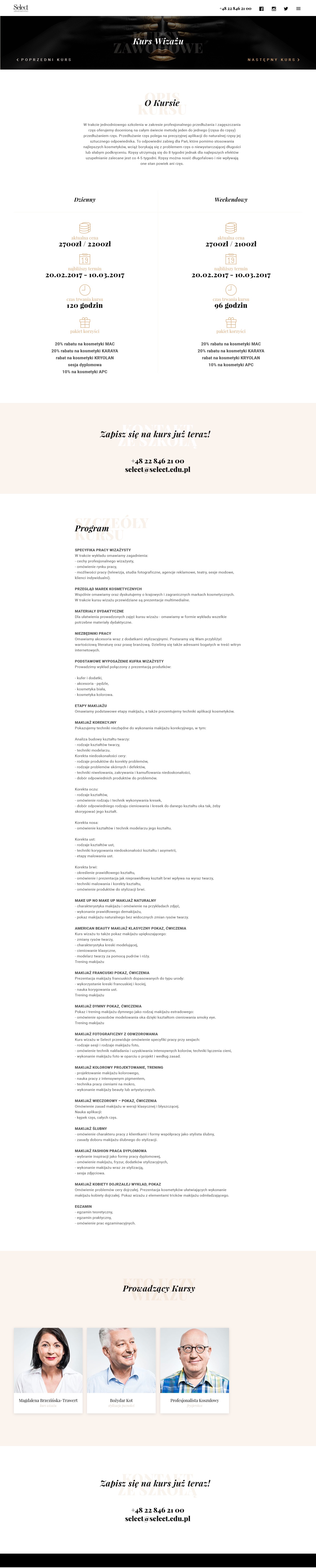 The advanced make-up course page, prices and dates first, then the full programme and the tutors
